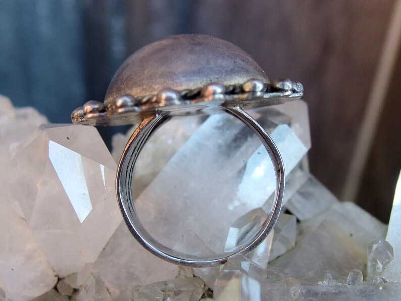 Wire Twist Silver Bead Border Stamped Motifs on Shoulders Triple Split Shank Size 7 12 1 18 High Native American Old Pawn Dome Ring