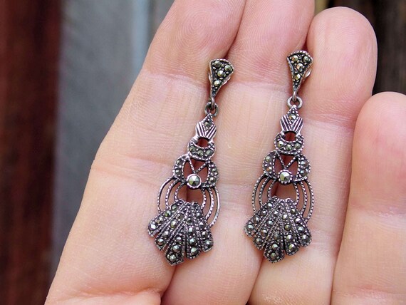 Art Deco Style 925 Marcasite Drop Earrings, Stud … - image 6