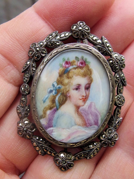 Georgian Era Hand Painted Miniature Portrait Broo… - image 5