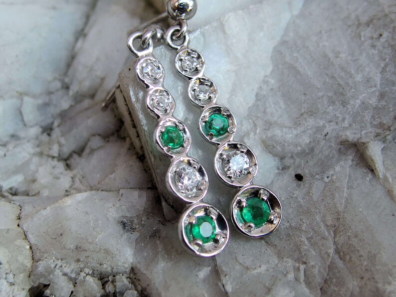 Signed Post Findings 14k White Gold Diamond Emerald Earrings