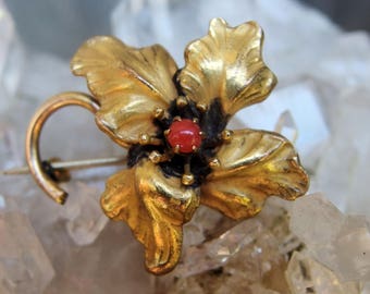 19th to Early 20th Century Gilt Flower Pin or Brooch, Red Coral Cabochon at Center, C-Clasp, Unsigned and Lovely