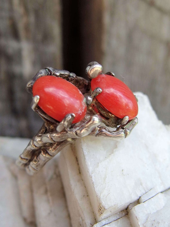 Coral Sterling Ring, 2 Oval Cabochons, Silver Bra… - image 8