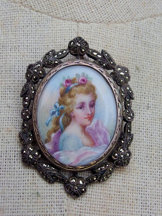 Georgian Era Hand Painted Miniature Portrait Broo… - image 2