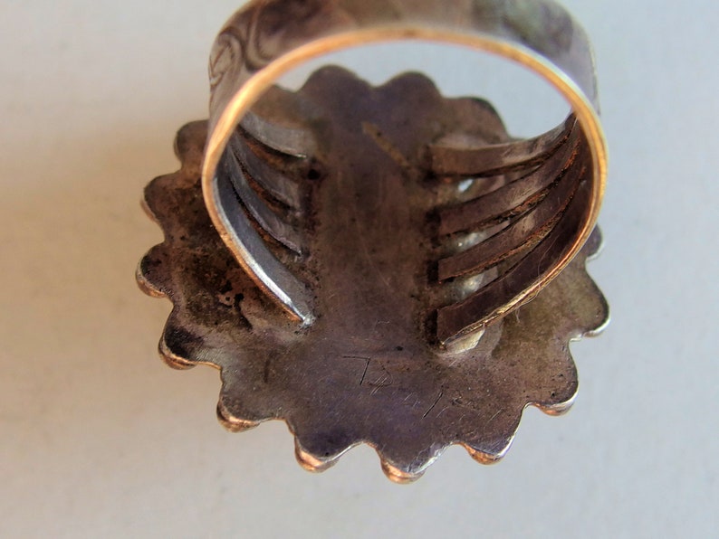 Wire Twist Silver Bead Border Stamped Motifs on Shoulders Triple Split Shank Size 7 12 1 18 High Native American Old Pawn Dome Ring
