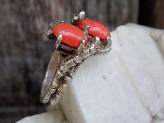 Coral Sterling Ring, 2 Oval Cabochons, Silver Bra… - image 2