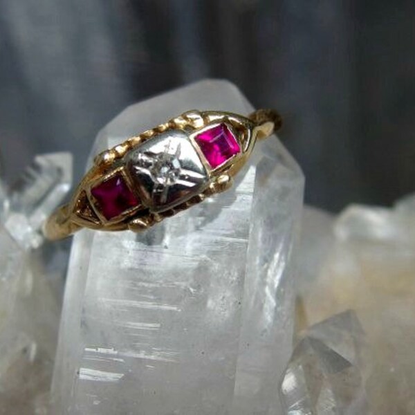 FINAL MARKDOWN! Late Victorian 10k Yellow Gold, Natural Ruby and Diamond Ring with White Gold Accents, Beautiful Antique Ring