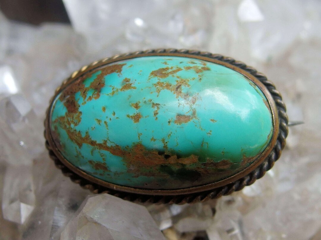 19th C. Turquoise Cabochon Brooch, Gold Fill, Brass Mounting, 1 3/8 X 7