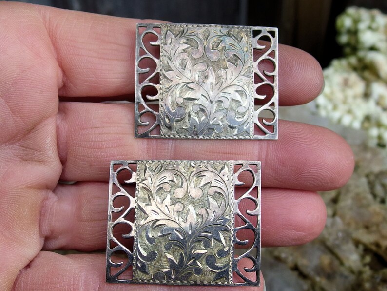 Signed Large Rectangular Face Chased Leaf Pattern Japan Sterling Silver Cuff Links Angled Fixed Post with Hinged Stop Cut Out Border