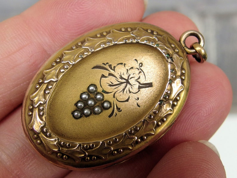 Chased Leaves Unsigned Repousse Border Baby Pictures Inside Victorian Gold Filled Locket with Gray Pearl Grape Cluster Lovely Condition