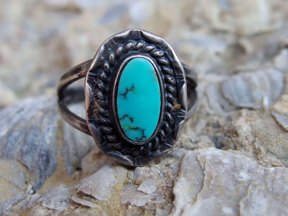 Turquoise Silver Split Shank Ring, Great Stone, I… - image 1