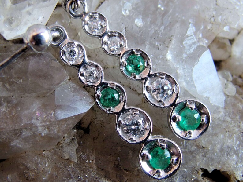Signed Post Findings 14k White Gold Diamond Emerald Earrings