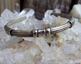 Sterling Silver Cuff Bracelet with Wire Twist, Grooved Bands, Signed