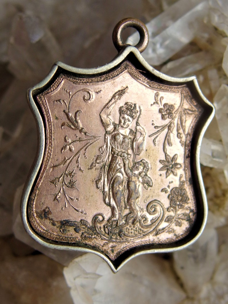 Embossed Woman with Cherub on Back Redmen Double Sided Shield Fob Nice Enamel TOTE Insignia with Weaponry U.S Rare RGP Flag Shield
