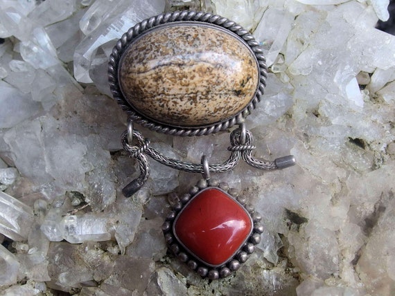 925 Sterling Silver Petrified Wood, Agate Pendant… - image 1