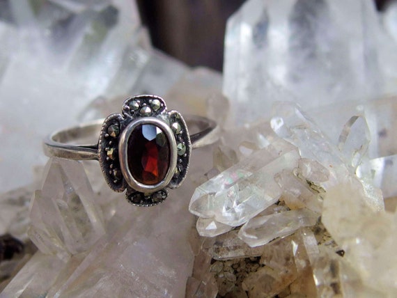 1940's Sterling Silver Garnet Marcasite Ring, Wel… - image 1