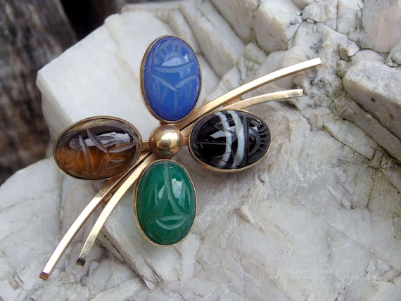 12k Gold Filled Carved Agate Scarab Brooch, 4 Oval Stones, Signed Bal-Ron, 10g