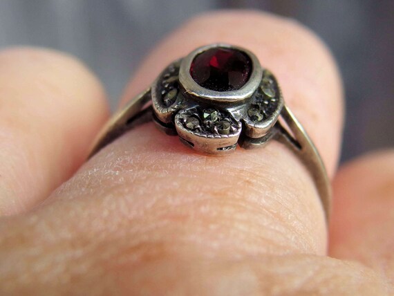 1940's Sterling Silver Garnet Marcasite Ring, Wel… - image 6