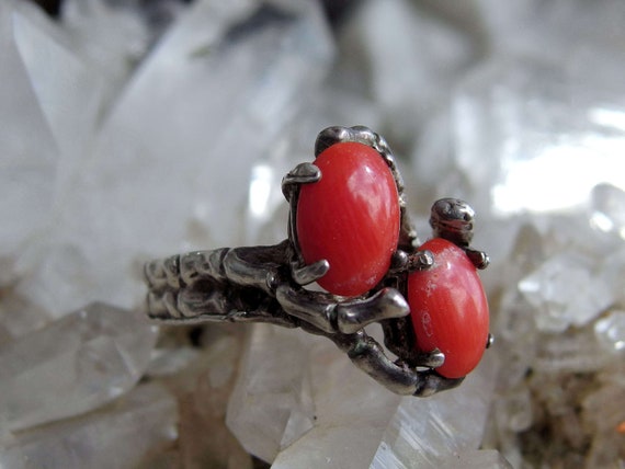 Coral Sterling Ring, 2 Oval Cabochons, Silver Bra… - image 9