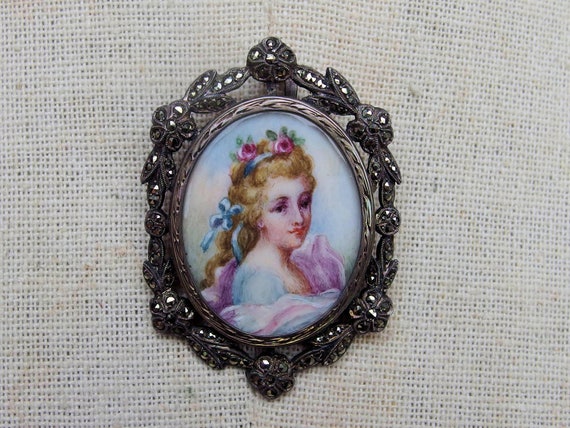 Georgian Era Hand Painted Miniature Portrait Broo… - image 9