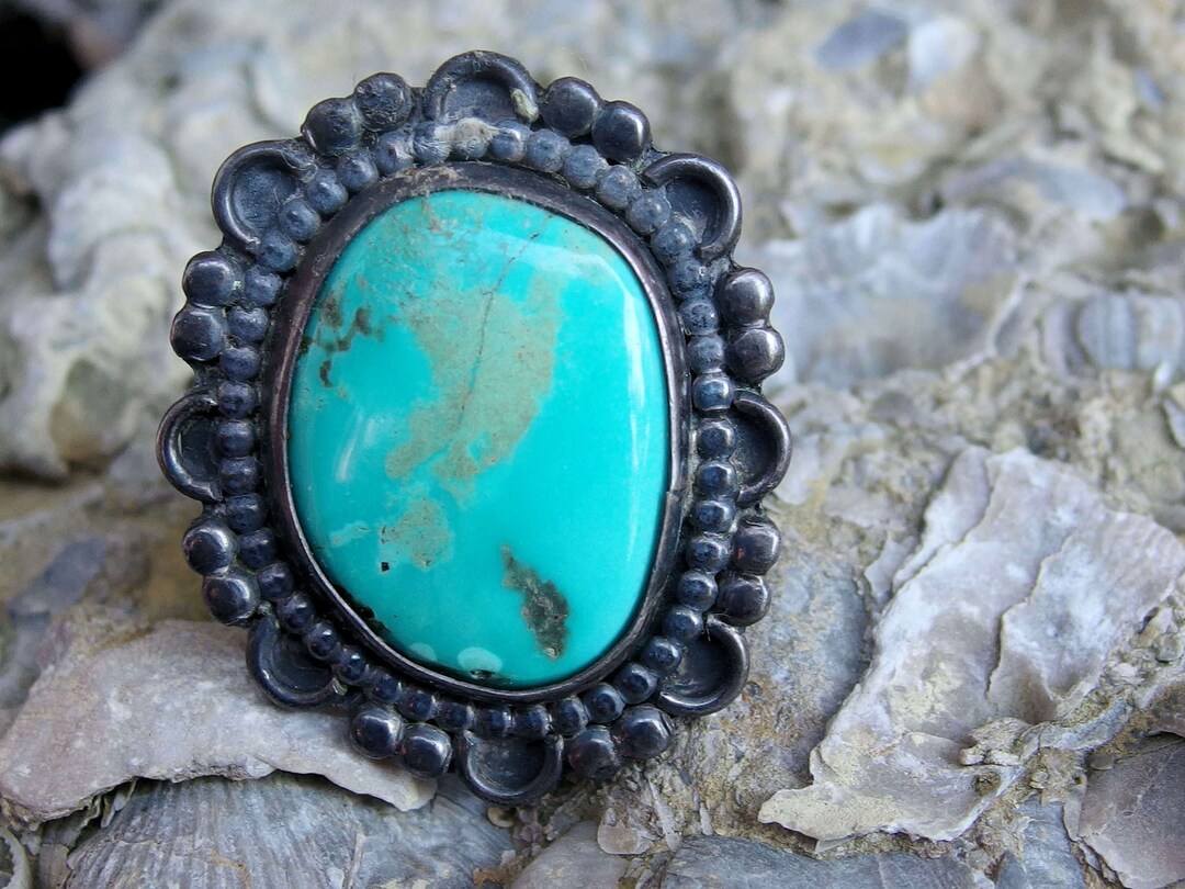 Large Native American Silver Turquoise Split Shank Ring, Heavy
