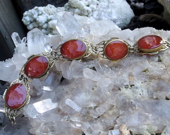 Carnelian Intaglio Bracelet, 5 Oval Carved Images with Warrior or Soldier, 3 Variations, Translucent Stones, Gold Fill Mounting, 7 3/8 x 7/8