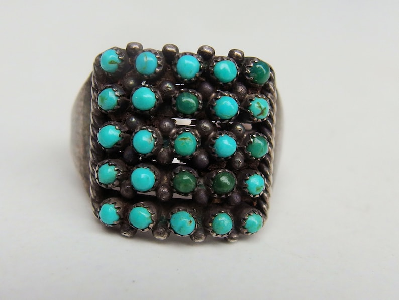 5 Rows of 5 Turquoise 2mm Cabochons Serrated Bezel Mounts Zuni Sterling Turquoise Ring Size 7 12-34 Alternating Rows of Silver Beads