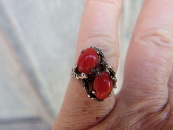 Coral Sterling Ring, 2 Oval Cabochons, Silver Bra… - image 5