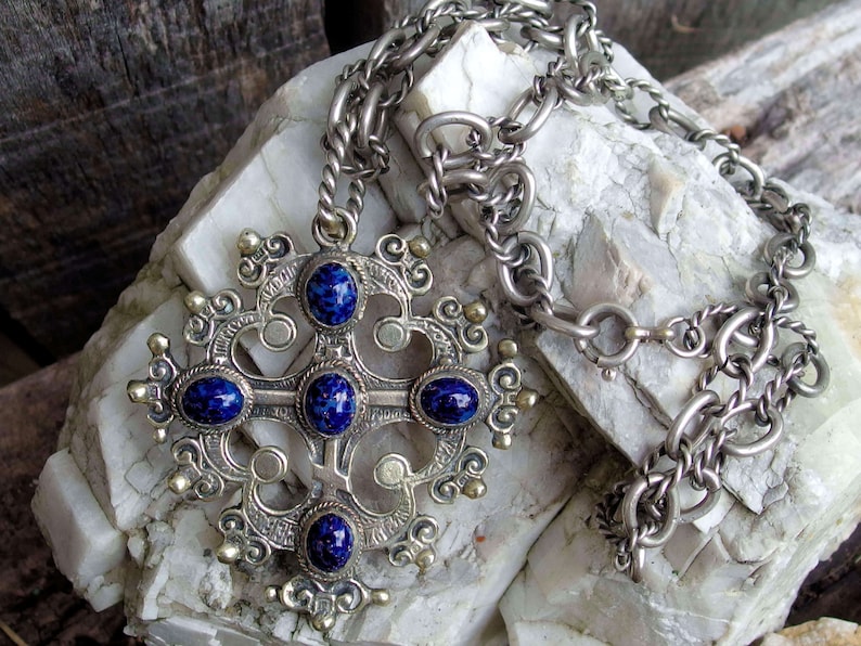 5 Faux Lapis Cabochons Coppini Style Cross Pendant 19 Ornate Chain