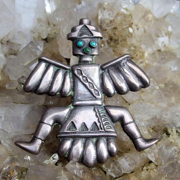 Zuni Knifewing Dancer Pin, Cast Silver, Turquoise, Stamped Details, 22g