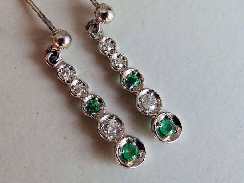 Signed Post Findings 14k White Gold Diamond Emerald Earrings