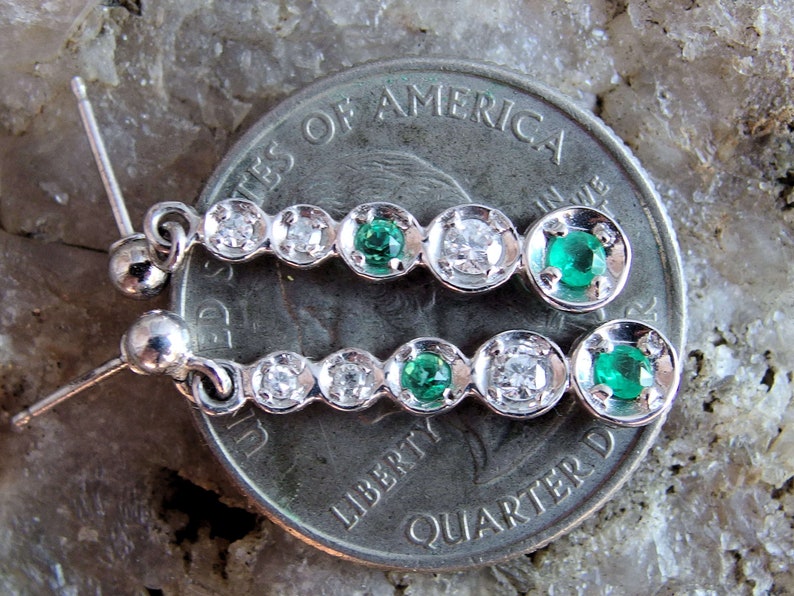 Signed Post Findings 14k White Gold Diamond Emerald Earrings