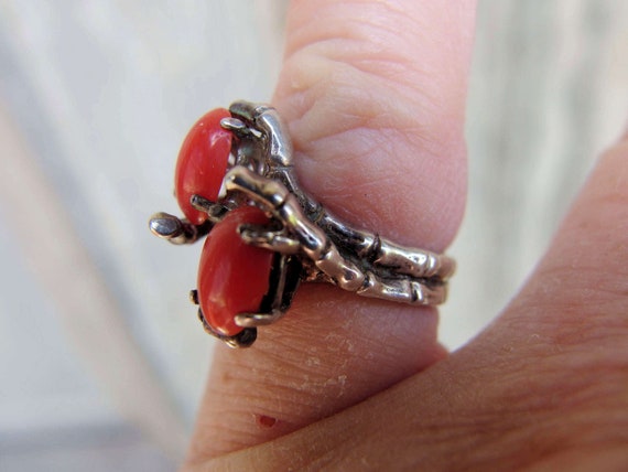 Coral Sterling Ring, 2 Oval Cabochons, Silver Bra… - image 6