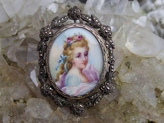 Georgian Era Hand Painted Miniature Portrait Broo… - image 1