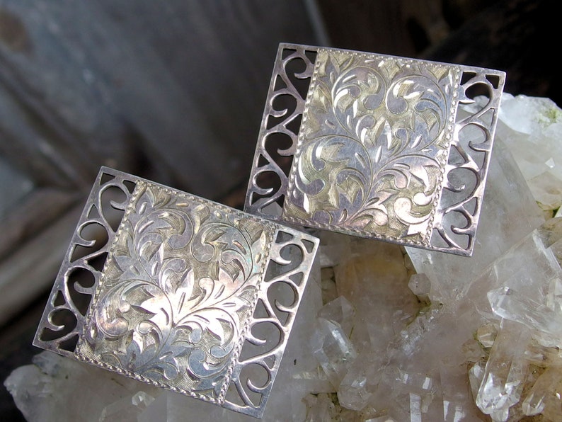Signed Large Rectangular Face Chased Leaf Pattern Japan Sterling Silver Cuff Links Angled Fixed Post with Hinged Stop Cut Out Border