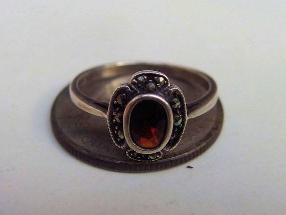 1940's Sterling Silver Garnet Marcasite Ring, Wel… - image 4