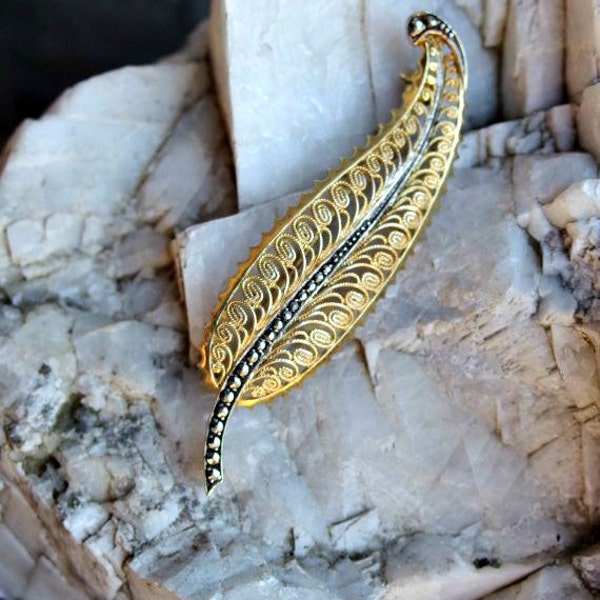 Germany  Sterling Filigree Feather Brooch or Pin with Marcasites and Gold Overlay, Signed with Pforzheim Maker's Mark, Very Elegant