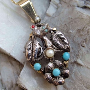 REDUCED Victorian 14k Gold, Silver Bird Pendant, Bird with Flower, Faux Turquoise, Pearl Accents