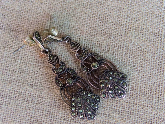 Art Deco Style 925 Marcasite Drop Earrings, Stud … - image 7
