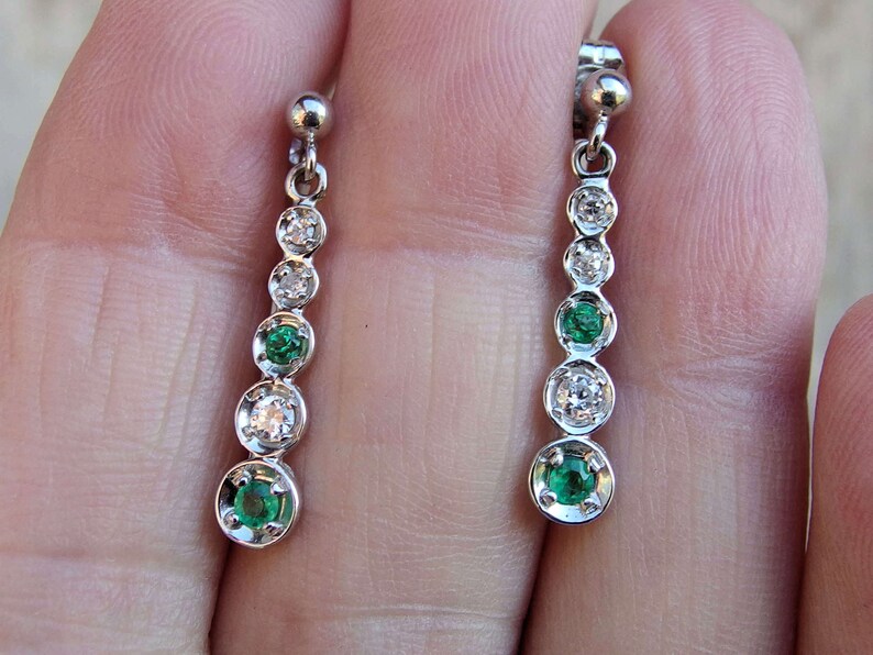 Signed Post Findings 14k White Gold Diamond Emerald Earrings