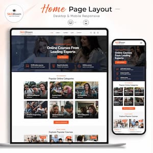 May include: A website layout design for SkillBloom displayed on a desktop monitor and a mobile phone. The interface features a hero section with the text Online Courses From Leading Experts, navigation menus, category grids, and course listings.