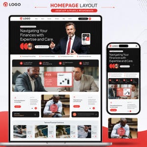 May include: A website homepage layout design for a financial services firm displayed on a desktop monitor and a mobile phone. The interface features a dark colour scheme with red accents, professional photography, and text including Navigating Your Finances with Expertise and Care.