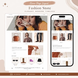 May include: A digital website layout template for a fashion store displayed on both desktop and mobile screens. The design features a hero image, navigation menus, product categories, a sale banner, and a best seller section with product thumbnails.