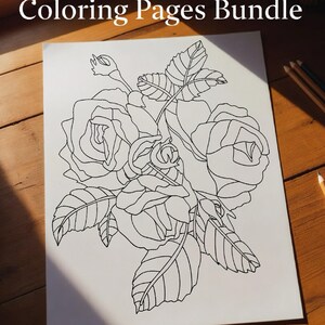 May include: A black and white floral coloring page bundle with the text "6 Stained Glass Floral Coloring Pages Bundle". The image features a detailed outline of roses and leaves. The text "Hand-Drawn • Roses & Tulips • PDF + PNG + SVG" is also included.