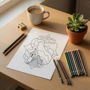 May include: A still-life scene featuring a coloring book page with a mountain and church design, colored pencils, a cup of coffee, a succulent plant in a terracotta pot, and a pencil sharpener on a wooden table. The scene is bathed in natural light.