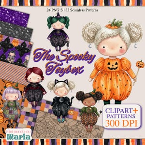 The Spooky Toybox: Cute Halloween Clipart & Seamless Pattern Bundle, Tilda Inspired Rag Dolls, Witch PNG, Spooky Digital Paper for Fabric