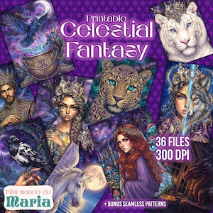 Op de afbeelding: Een digitale collectie getiteld Printable Celestial Fantasy met 36 bestanden van 300 DPI. De kunstwerken tonen fantasiefiguren, waaronder een witte tijger met een kroon, een luipaard, een vrouw met een wolf, een roodharige vrouw en een raaf.