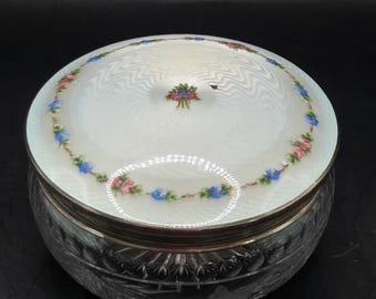 Antique Powder Jar Cut Crystal Base Sterling Silver Guilloche Enamel Lid 4.5"