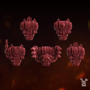 May include: A set of five dark red miniature jetpack components for tabletop gaming figures. These mechanical backpacks feature intricate details including exhaust vents, pipes, skull motifs, and engraved runic symbols on the central armor plates.