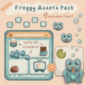 Könnte beinhalten: Ein digitales Kunstpaket mit dem Titel "Froggy Assets Pack" mit einem hellpfirsichfarbenen Hintergrund. Das Paket enthält Sticker, Icons und eine Schriftart zum Thema Frosch. Die Sticker zeigen einen Frosch, ein Seerosenblatt und verschiedene Lebensmittel. Der Text "Lots of stickers!" ist enthalten.