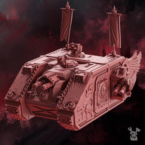 May include: A monochromatic dark red miniature tank model featuring ornate wing motifs on the side panels, two vertical banners, a multi-barreled front cannon, side-mounted weaponry, and the Roman numeral IX embossed on the front track guards.